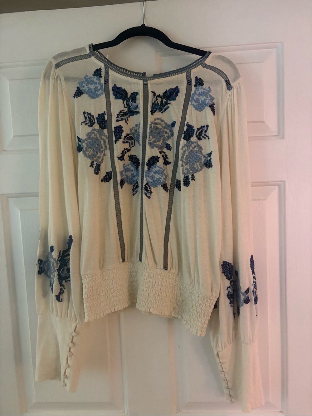 Cream Boho Embroidered Peasant Top with Blue Floral Detail